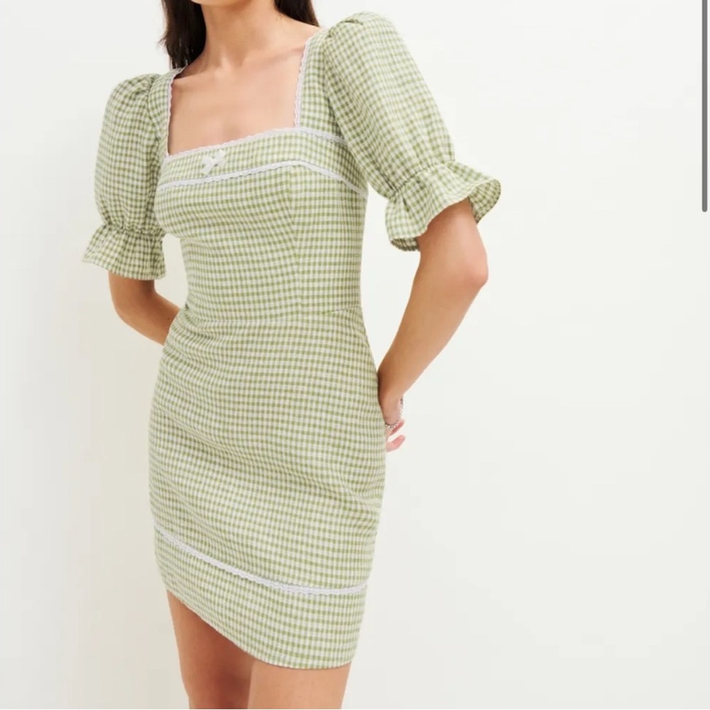 Reformation Evianna Green Gingham Short Sleeve Mini Dress